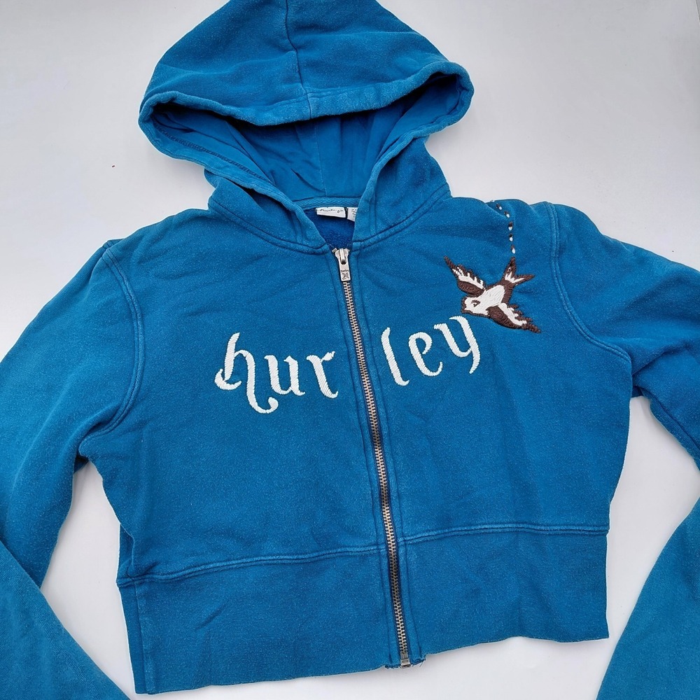 Hurley Full Zip Hoodie Sweater Womens S Teal Bird Cropped Y2K Bella Swan Rory - Picture 2 of 10